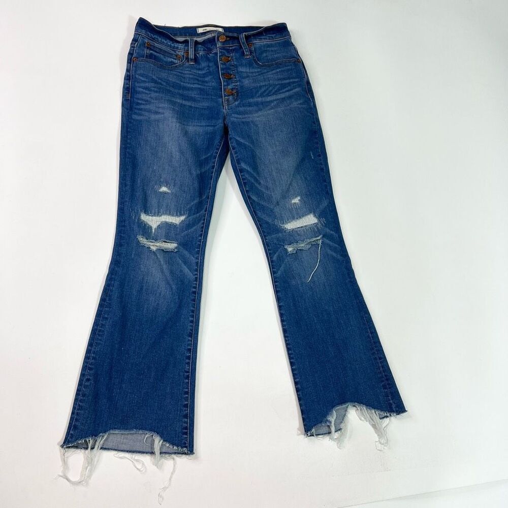 Madewell Cali Demi- Boot Womens 27 Blue Cotton Blend Distressed Button Fly Raw H